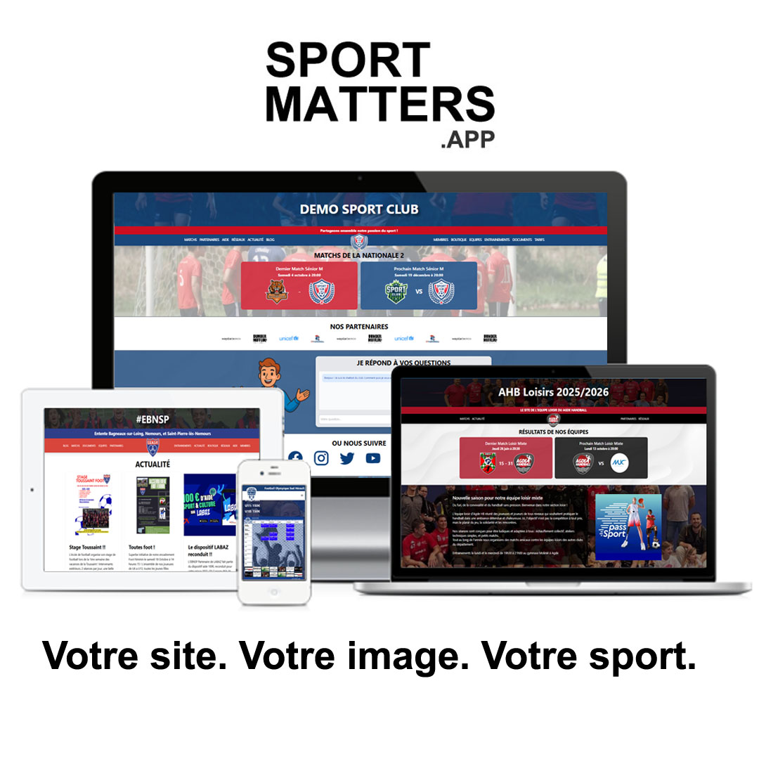 Plusieurs ordinateurs, tablettes et télephones avec des sites réalisés par SPORTMATTERS